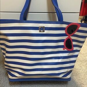Kate Spade beach bag Blue and White Striped Tote with Red sunglasses detail